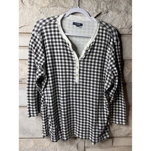 Chaps Womens Black White Gingham Check Cotton Henley Long Sleeve Top XXL